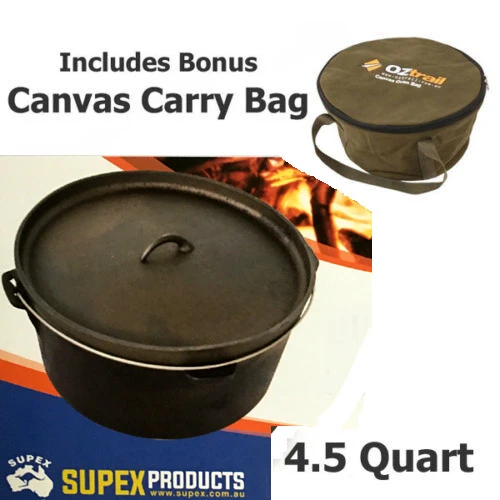 SUPEX 4.5 QUART CAMP OVEN + OZTRAIL CARRY BAG Cast Iron Pot Pan Dutch Oven 3 SUPEX 4.5 QUART CAMP OVEN + OZTRAIL CARRY BAG Cast Iron Pot Pan Dutch Oven